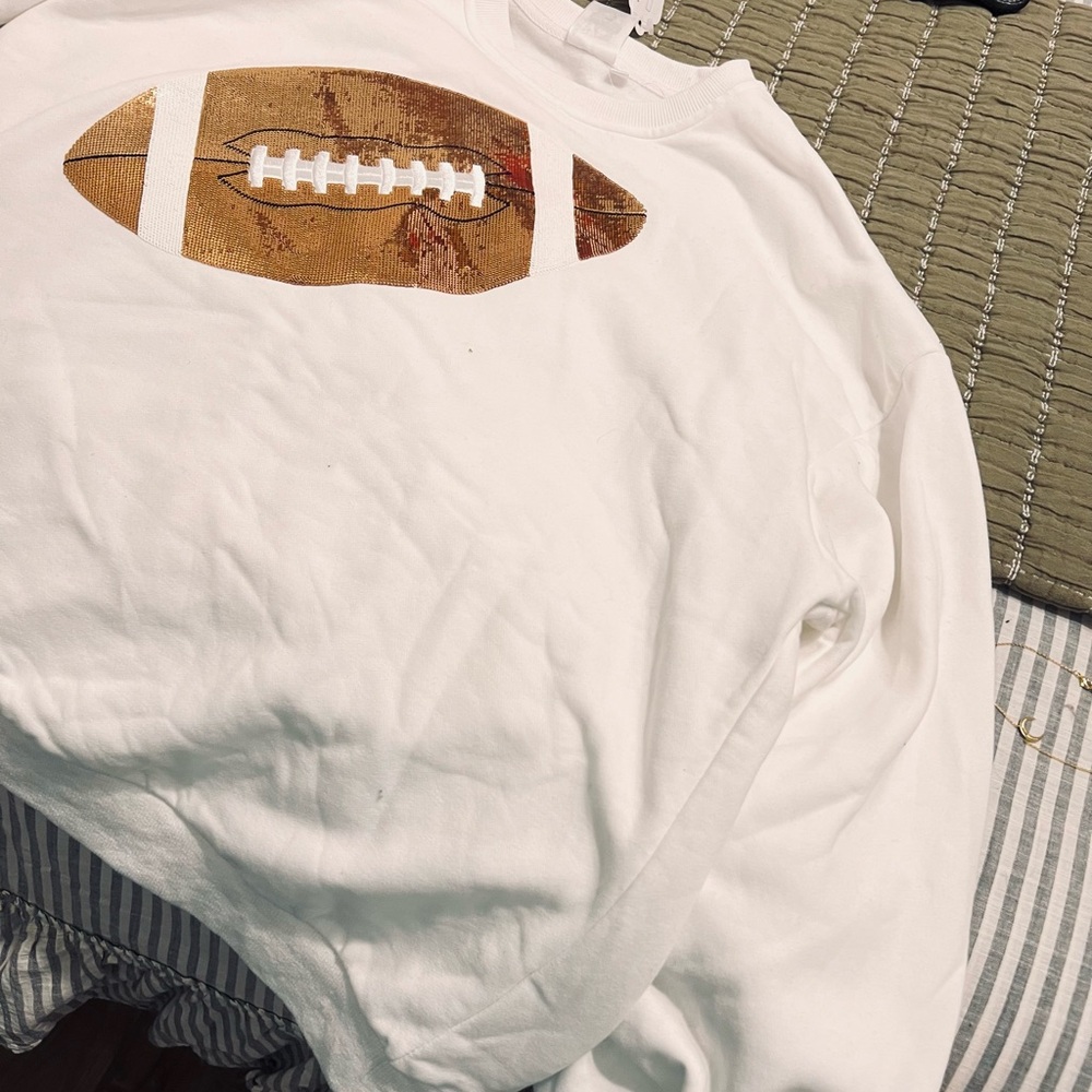 QUEEN OF SPARKLES White Sweatshirt with Gold Sequin Football - Picture 2 of 4